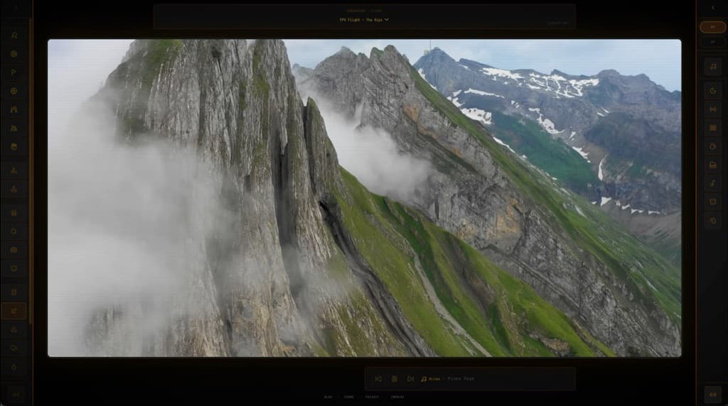 slowcast Flight channel — first-person aerial view over a misty Alpine ridge