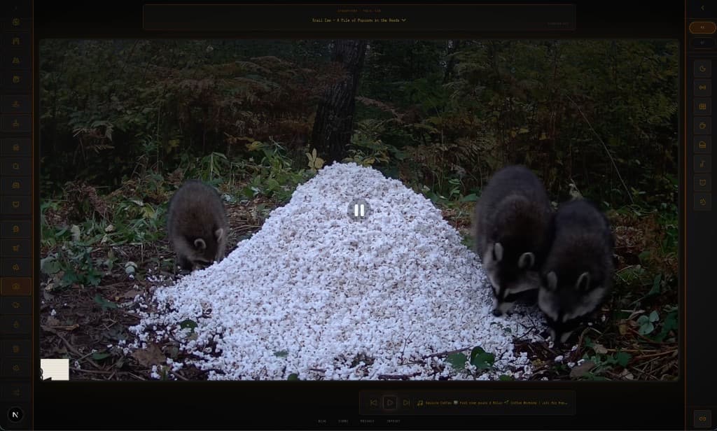 slowcast Trail Cam channel — three raccoons at a pile of popcorn on a woodland trail camera